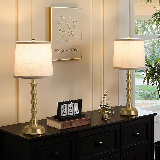 Set of 2 Gold Table Lamps, 24" Electroplated Gold Bamboo Base with White Linen Shade, Compact Nightstand Lamps for Bedroom, Living Room, Office Decor