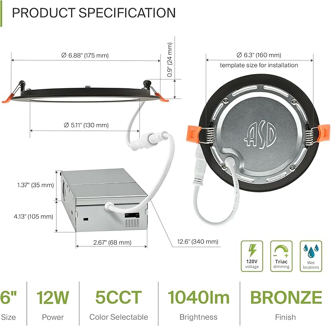 ASD 6 Pack LED Recessed Lighting 6 Inch 12W, 5 CCT 2700K-5000K CRI90+, IC Rated Ultra Thin Dimmable Ceiling Lights with J Box, Canless Wafer Downlight, Round Slim Panel Light, Energy Star ETL, Bronze