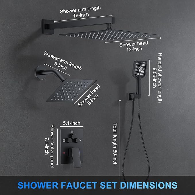 Shower Faucet Set, 12" Wall Mount Rainfall Shower System with 2 Rain Shower Head and Multi-function Handheld Head Push Button Diverter Shower Faucet Trim Kit Matte Black