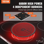 VEVOR Electric Ceramic Cooktop, Built-in Electric Stove Top, with Glass Panel, Knob Control, 11 Heat Levels, for Diverse Cooking Requirements (24inch-4burners/220V)