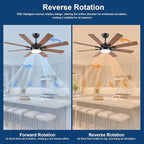 52 Inch Ceiling Fans with Lights and Remote/APP Control, Modern Ceiling Fan for Bedroom Living Room Patio Porch Indoor Outdoor, 6 Speeds, Reversible Quiet Motor, 8 Wood Blades, Brown