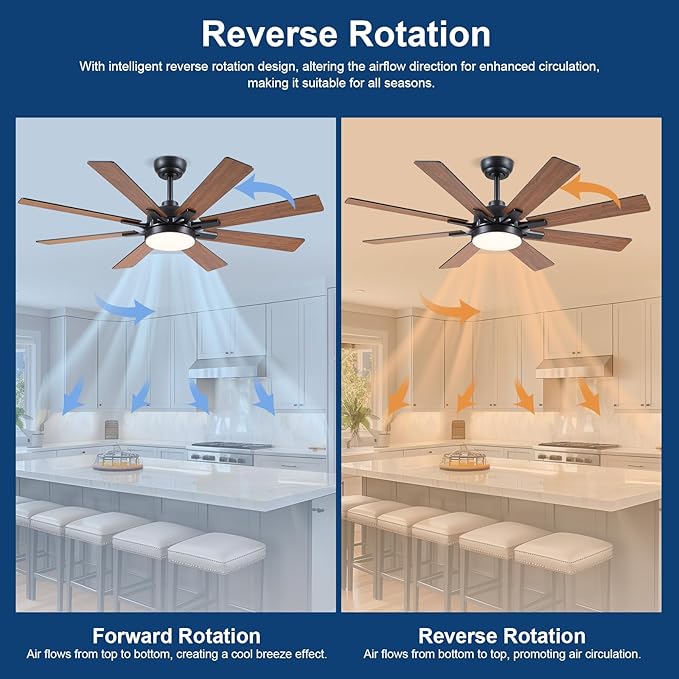 52 Inch Ceiling Fans with Lights and Remote/APP Control, Modern Ceiling Fan for Bedroom Living Room Patio Porch Indoor Outdoor, 6 Speeds, Reversible Quiet Motor, 8 Wood Blades, Brown