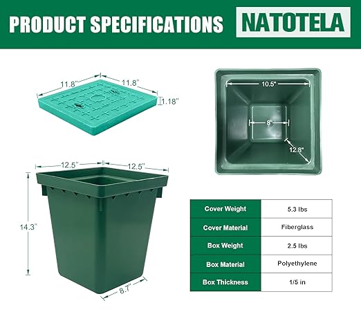 Underground Splice Box 12.5x12.5x14.3in Electrical Junction Boxes W/FRP Inspection Cover Deep Enclosure Pit Precast PE Pull Distribution Pit Access Drillable Tapered Cable Wiring Connection