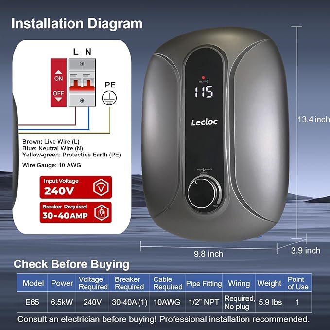 6.5kW 240V Mini Instant Hot Water Heater 1 Point of Use, Sleek Design, LED Temp. Display, Big Knob Control, 86-131℉ Thermostatic On Demand Electric Tankless Water Heater for Kitchen or Bathroom