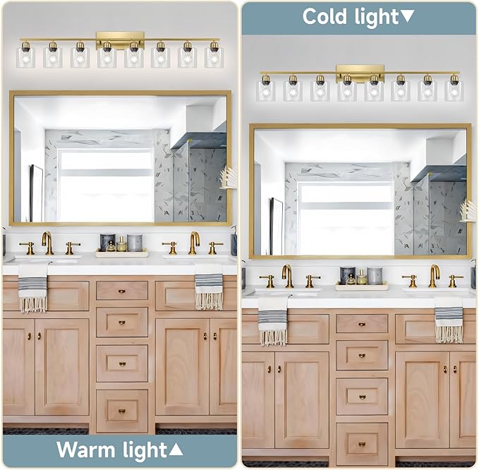 Modern Brushed Gold 8 Light Bathroom Light Fixtures, 52 inch Vanity Lights for Bathroom with Clear Glass for Mirror Kitchen Living Room Hallway Cabinet Porch