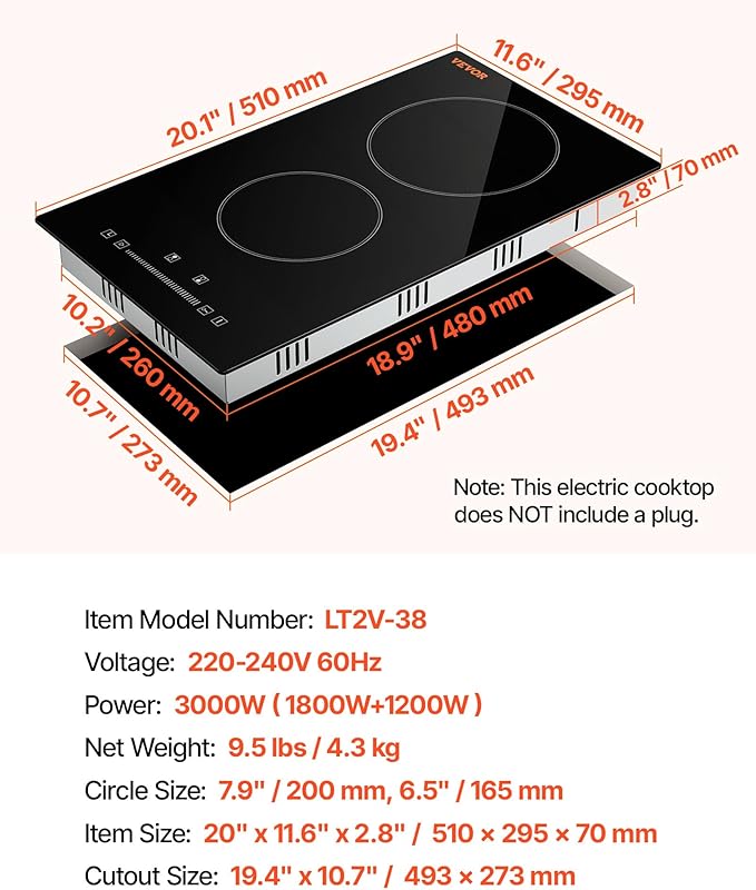 VEVOR Built in Electric Stove Top, 12 inch 2 Burners, 240V Glass Radiant Cooktop with Sensor Touch Control, Timer & Child Lock Included, 9 Power Levels for Simmer Steam Slow Cook Fry