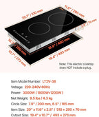 VEVOR Built in Electric Stove Top, 12 inch 2 Burners, 240V Glass Radiant Cooktop with Sensor Touch Control, Timer & Child Lock Included, 9 Power Levels for Simmer Steam Slow Cook Fry