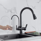 MENATT Commercial 3 in 1 Drinking Water Faucet, High Arc Water Filter Purifier Kitchen Faucets, Dual Handle Pull Out Kitchen Sink Faucet (Matte Black)