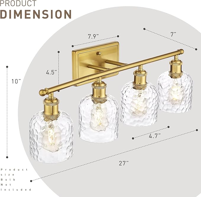 zeyu 27'' Modern Vanity Lights Over Mirror, 4-Light Brushed Gold Wall Light for Mirror Bedroom, Brushed Gold Finish with Clear Hammered Glass, ZJF63B-4W BG