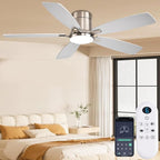 52 inch Ceiling Fans with Lights, Flush Mount Ceiling Fan with Light and Remote/APP Control, DC Motor, Dimmable LED, Noiseless, Low Profile Ceiling Fan for Bedroom Indoor/Outdoor Use (Nickel