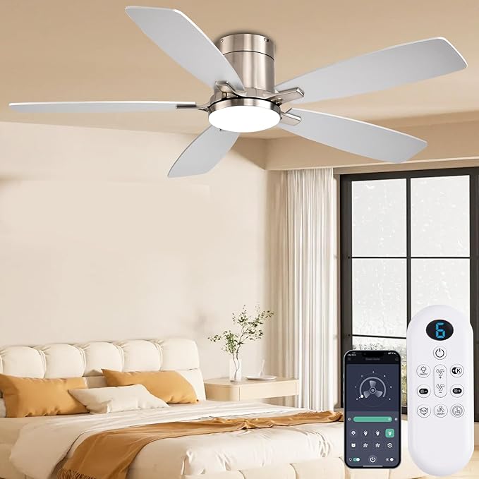 52 inch Ceiling Fans with Lights, Flush Mount Ceiling Fan with Light and Remote/APP Control, DC Motor, Dimmable LED, Noiseless, Low Profile Ceiling Fan for Bedroom Indoor/Outdoor Use (Nickel