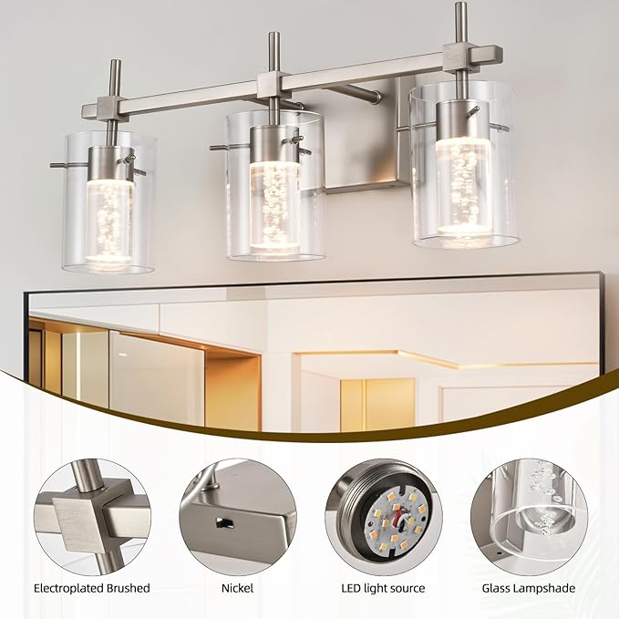 Bathroom Light Fixtures 3-Light, Brushed Nickel Vanity Light Over Mirror Dimmable 3 Color (3000K/4000K/6000K), Eye Protection LED Bathroom Lights Wall lamp Over Mirror with Clear Glass Shade