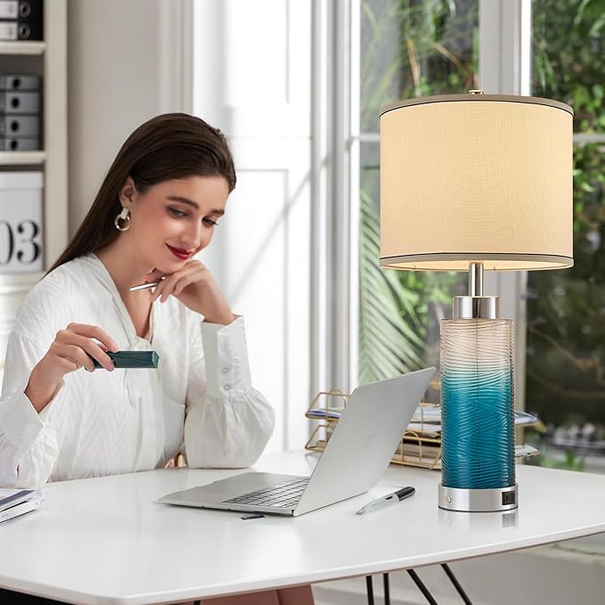 Modern Glass Table Lamps, 3-Way Dimmable Touch Control Bedroom Lamps for Nightstands，Bedside Lamps Set of 2 with USB A+C Ports,Living Room，Home，Office with Linen Shade (Bulbs Included)