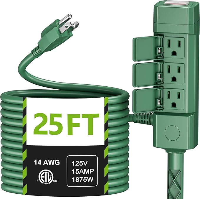 BN-LINK 25ft Outdoor Extension Cord Waterproof with Power Stake, 6-Outlet Power Strip Weatherproof, 14/3 SJTW Heavy Duty Power Cord for Halloween/Christmas Decorations and Inflatables, 15A/1875W