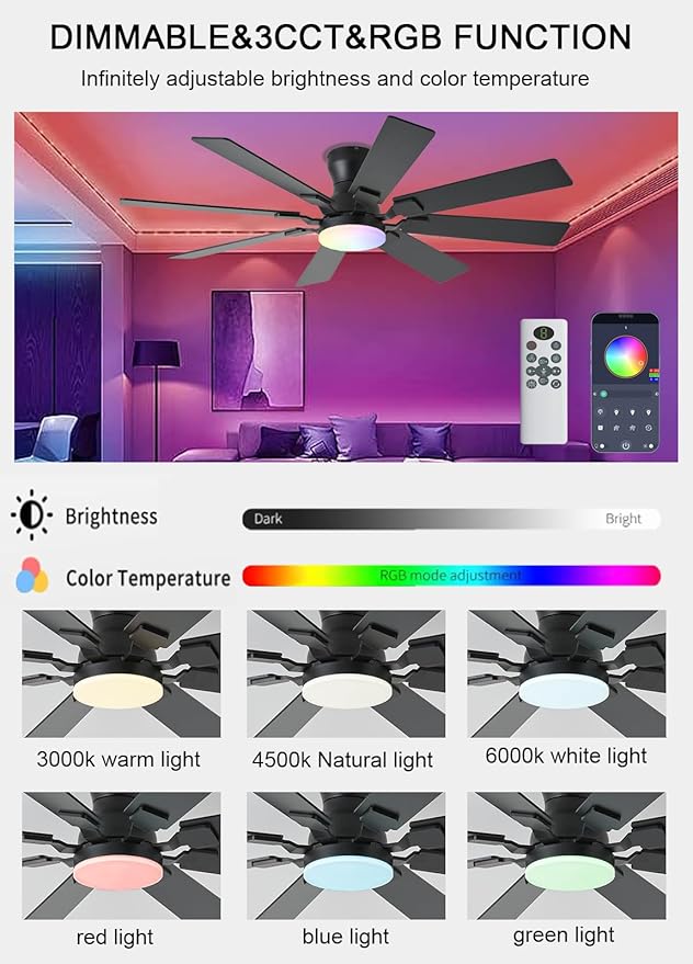 52 inch Ceiling Fan with Light, 6 Speeds Reversible Low Profile Ceiling Fan with Light and Remote/APP Control, 3 Color Temp+Dimmable RGB, 8 Blades, Flush Mount Quiet Ceiling Fans, Black