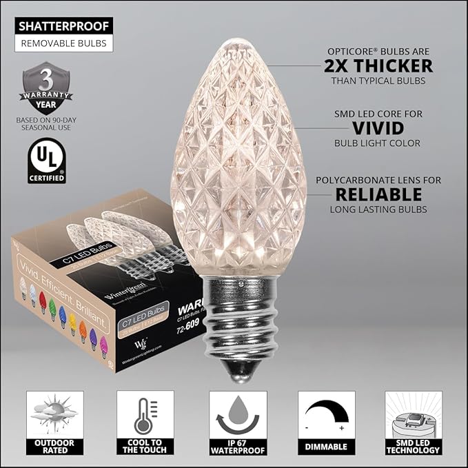 Wintergreen Lighting 25 Pack OptiCore C7 LED Christmas Light Bulbs - Replacement LED Christmas Lights Heavy Duty Premium Outdoor Christmas Lights, E12 Base(Warm White Faceted)