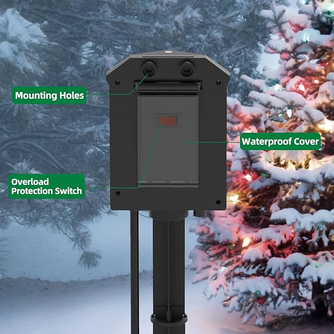 Outdoor Power Strip Weatherproof, 100 FT Extension Cord with Power Stake, 6 Grounded Outlets for Outdoor Lights, 15A/1875W, ETL Listed