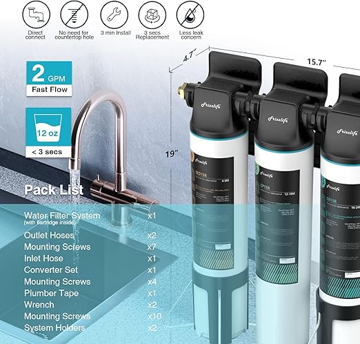 Frizzlife TW15 Under Sink Water Filter System, NSF/ANSI 53&42 Certified Elements, Reduce 99.99% Lead, Chlorine, Chloramine, Fluoride, Bad Taste & Odor, Direct Connect, 0.5 Micron, USA Tech Support