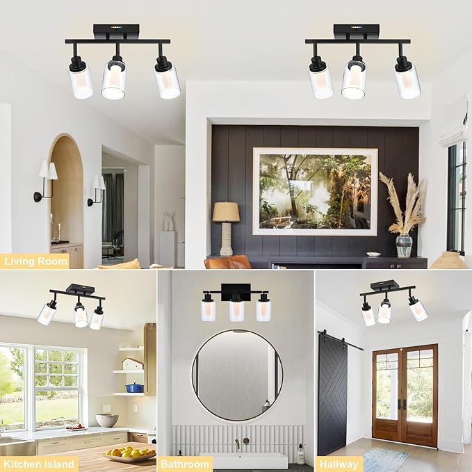 3-Light LED Black Track Lighting Fixtures, 5-Color Temperature Ceiling Spotlight Bathroom Vanity Wall Lighting with Integrated LED Chips & Clear Glass Shade & Frosted Column