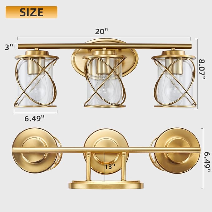 mavcadonf 3-Lights Bathroom Vanity Lights, Bathroom Light Fixtures Over Mirror, Brushed Gold Vanity Light, Farmhouse Wall Lights with Clear Glass Shade, Bathroom Wall Lamp for Mirror Kitchen Bedroom