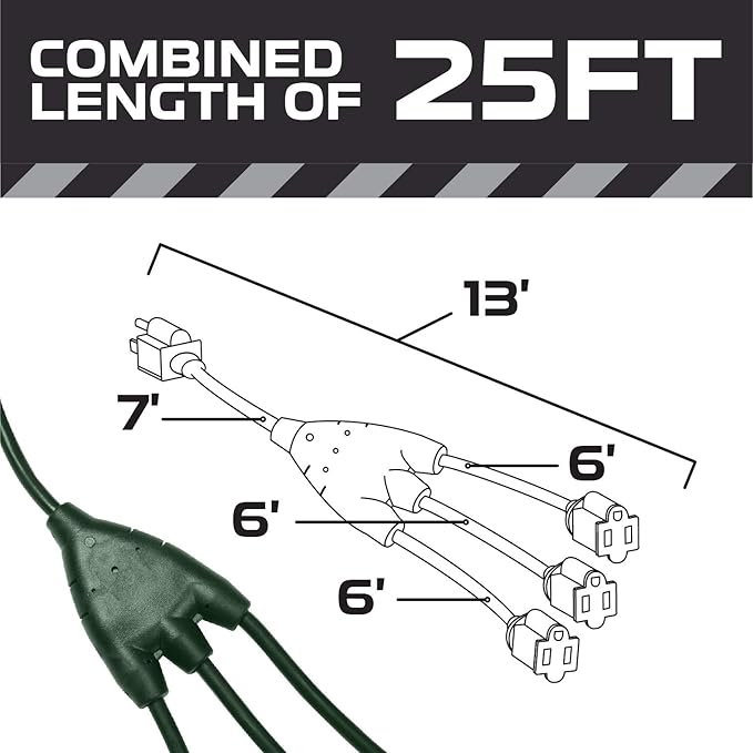 Iron Forge Cable Green 1 to 3 Outdoor Extension Cord Splitter 13 Ft (25 Ft Total Length) - 16 Gauge Power Cord, 3 Prong, 3 Outlets 16/3 SJTW