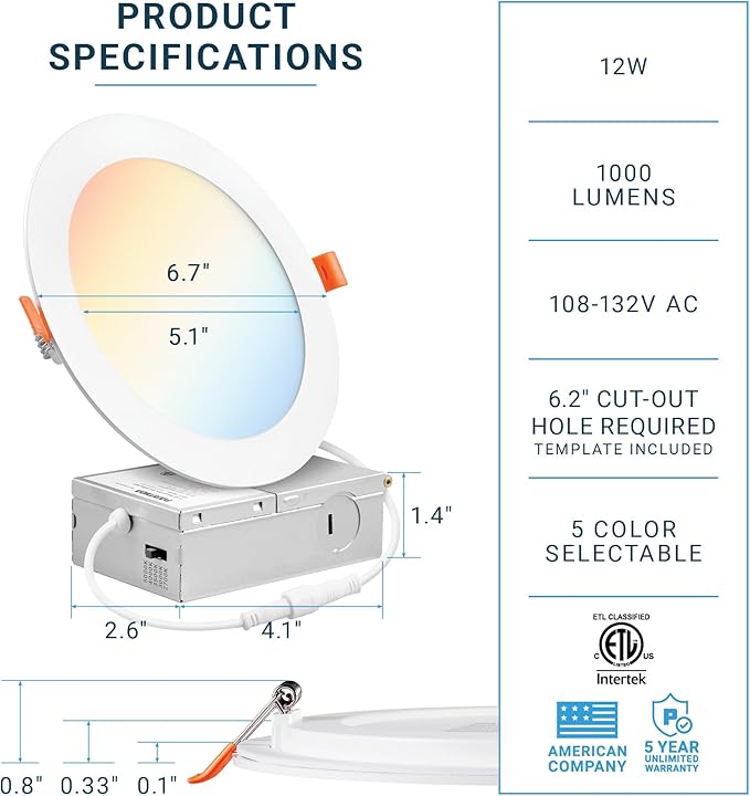 PARMIDA (6 Pack) 6 Inch Ultra-Thin LED Recessed Ceiling Light with Junction Box, 5CCT Color Selectable 2700K/3000K/3500K/4000K/5000K, 12W, Dimmable Canless Wafer Slim Panel Downlight, IC Rated, ETL