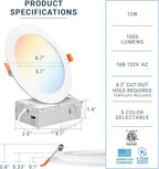 PARMIDA (6 Pack) 6 Inch Ultra-Thin LED Recessed Ceiling Light with Junction Box, 5CCT Color Selectable 2700K/3000K/3500K/4000K/5000K, 12W, Dimmable Canless Wafer Slim Panel Downlight, IC Rated, ETL