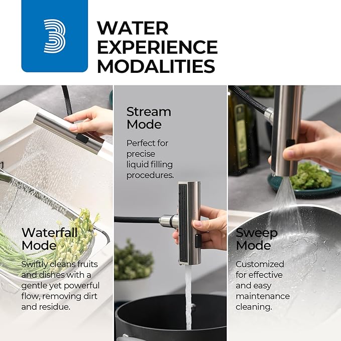 WEWE Waterfall Kitchen Faucet with Pull Down Sprayer, 3 Modes(Sweep/Stream/Waterfall) Rotary Switch Mode Stainless Steel Kitchen Sink Faucet Single Lever Handle Brushed Nickel Sink Fuacet