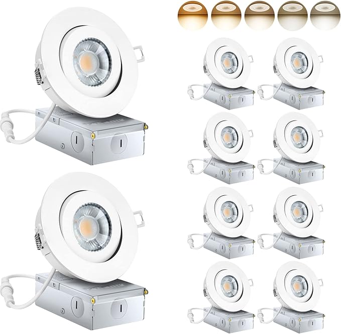 4 Inch Led Recessed Lights 10 Pack, Ajustable Eyeball Gimbal Recessed Ceiling Light with Junction Box,5 CCT(2700K-6500K) Selectable,9W 750LM,Airtight, ETL Listed