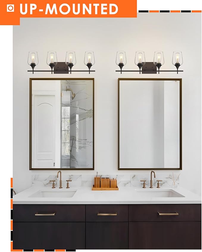 4 Light Bathroom Lighting Fixtures Over Mirror, 24 Inch Oil Rubbed Bronze Vanity Lights Farmhouse Rustic Bath Wall Light with Clear Glass, WL9167-4A