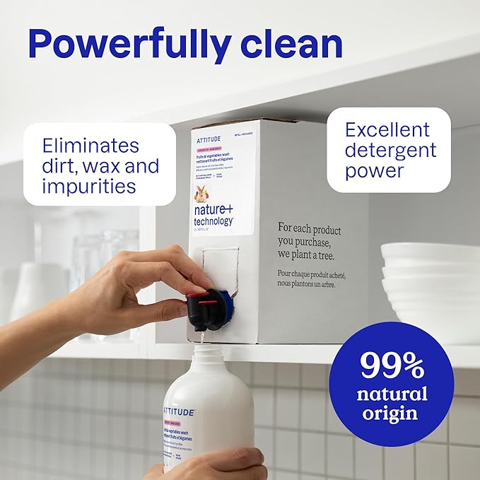 ATTITUDE Fruit & Vegetable Wash Refill, Food-Safe Produce Wash, Removes Dirt & Residue, Vegan & Plant-Based Ingredients, Unscented, 67.6 Fl Oz