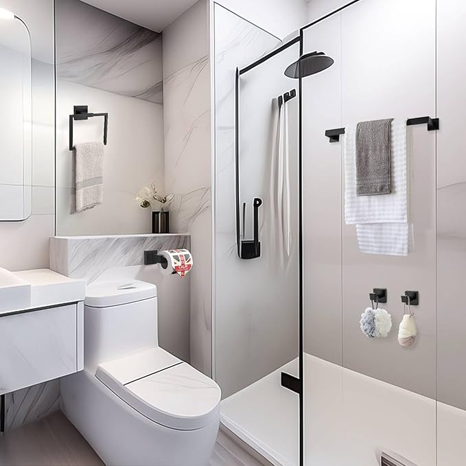 Matte Black 5 Pieces Bathroom Hardware Accessories Set Towel Bar Set Towel Holder Racks Set for Bathroom,SUS304 Stainless Steel,Wall Mounted 16-Inch Towel Bar