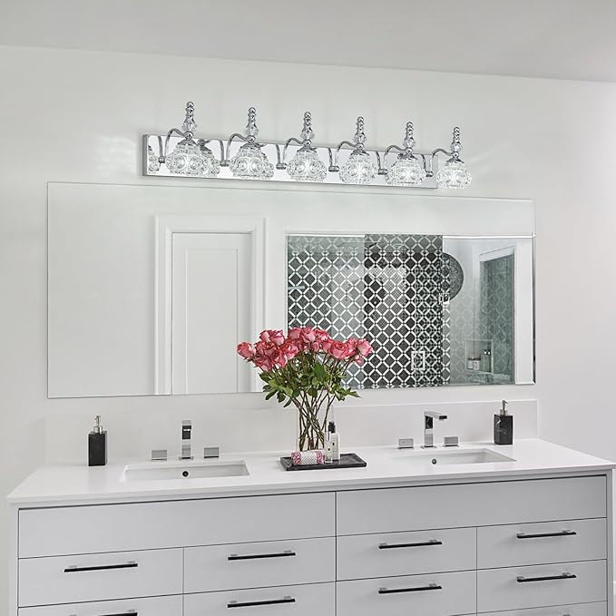 Modern Glass Crystal Vanity Light - Vintage Bathroom Lighting Fixtures Over Mirror, 6 Light Vanity Lights G9 Bulb (43.3 Inch, Chrome)