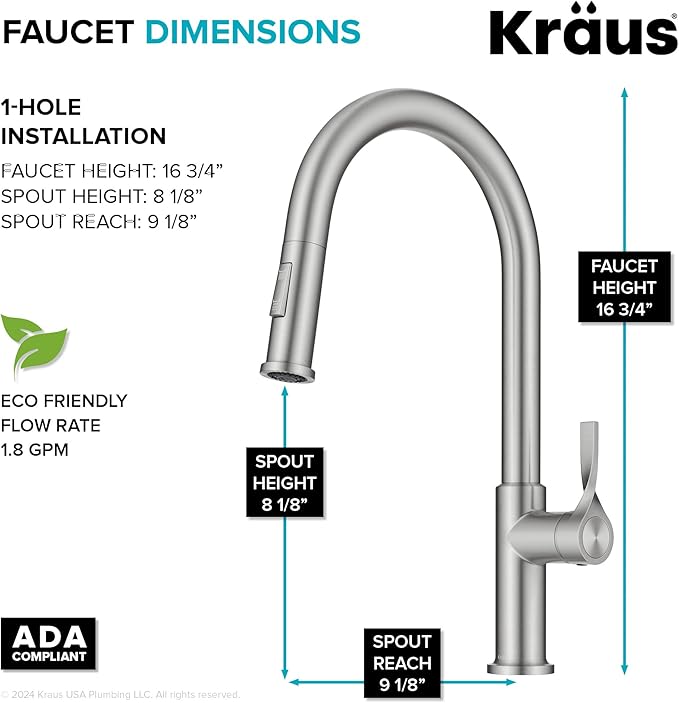 KRAUS Torak Pull Down Kitchen Faucet in Spot-Free Stainless Steel with 2 Function Sprayer, Pre-Attached Water Lines, and Mounting Hardware, KPF-2840SFS