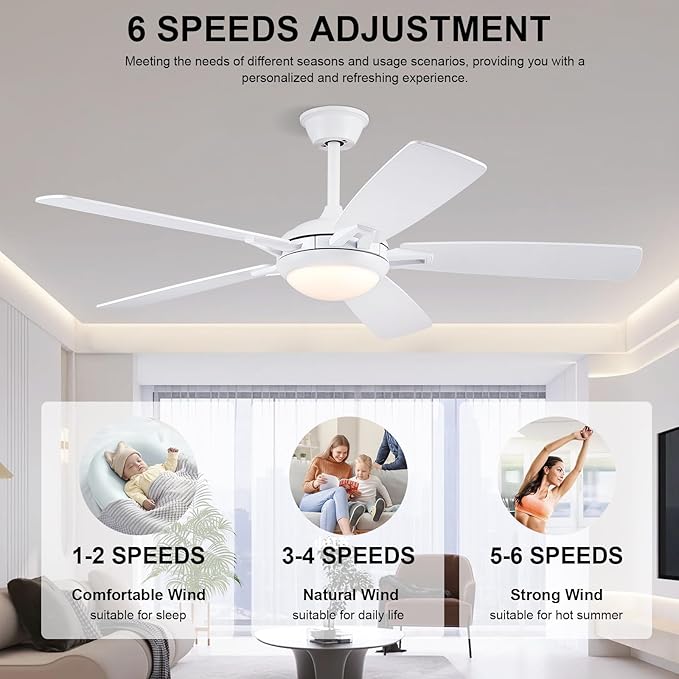 52 Inch Ceiling Fans with Lights and Remote, Modern Indoor Outdoor Ceiling Fan for Bedroom Living Room Patio Porch, 6 Speeds, Reversible Quiet Motor, Dual Finish Wooden Blades, White