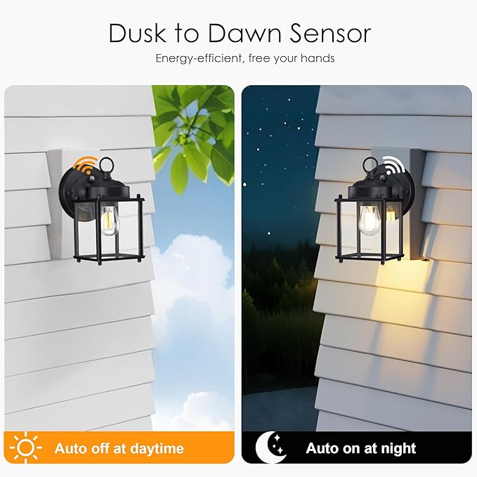 GRUENLICH Dusk to Dawn Outdoor Wall Lantern, Exterior Wall Sconce Light Fixture, Outside Porch Lighting with Clear Glass for House, Patio, Matte Black, 2 Pack