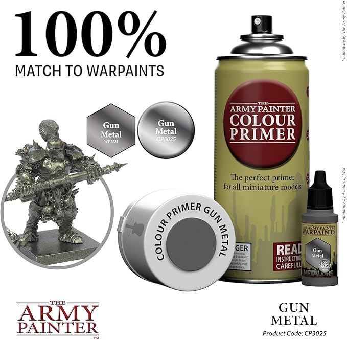 The Army Painter Colour Primer Gun Metal, 400 mL Acrylic Spray Primer, Spray Paint Basecoat for Miniature Priming, Tabletop Roleplaying, Boardgames, and Wargames Miniature Modelling