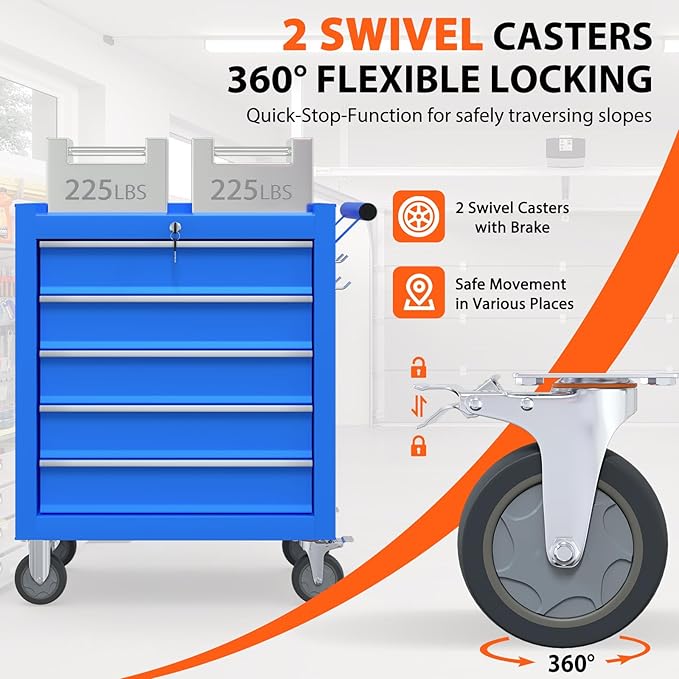 5-Drawer Rolling Tool Chest, Tool Box with 4 Wheels and Drawers, High Capacity Detachable Mobile Tool Storage Cabinet for Garage, Workshop, Mechanics and Repair Room (Blue)