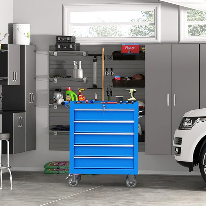 5-Drawer Rolling Tool Chest Toolbox, Rolling Tool Box with Wheels, Tool Chest with Keyed Locking System and Drawer Liners, Tool Box Organizer for Garage, Warehouse, Workshop(Blue)