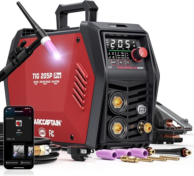 ARCCAPTAIN iControl TIG 205P Pro Welder With APP Control, 5 In 1 DC/Pulse/Lift/Spot TIG & Stick, Dual Voltage 120V/240V TIG Welding Machine With Large LED Display, 2T/4T, Smart Fan, Safety Protection