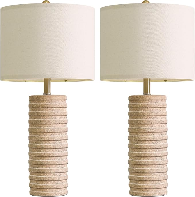 PoKat 27" Stone-Like Farmhouse Ceramic Table Lamps Set of 2 for Bedroom, Boho Nightstands Lamps for Night Stands, Distressed Beige Bedside Lamps with Natural Textured for Living Room, Sand-Colored