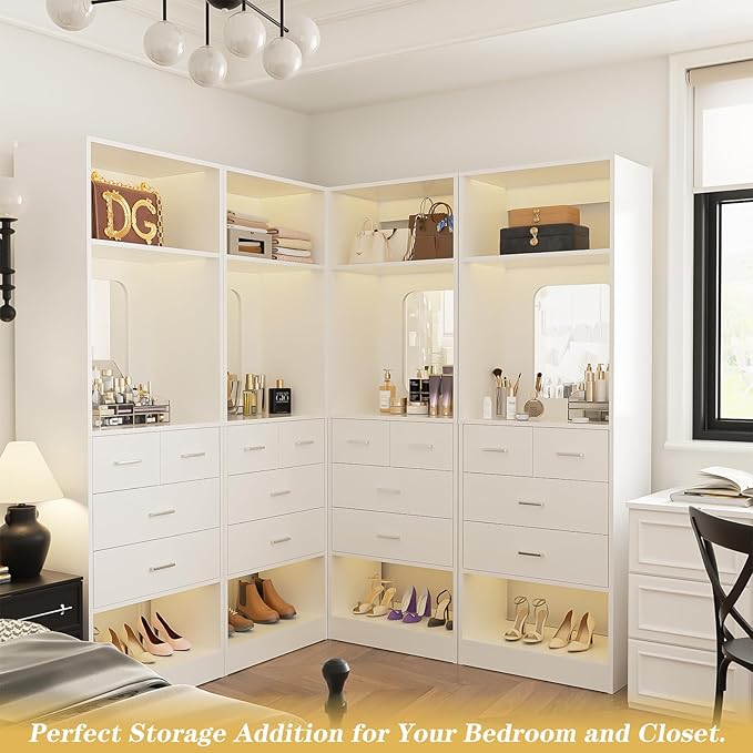 Unikito 100 Inch Closet System with Drawers, 8FT Wood Closets Organizer with Mirror Design, Freestanding Heavy Duty Walk in Closet Tower for Bedroom, Max Load 2000 LBS, Easy Assembly, White