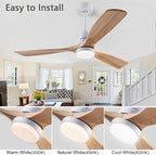 48" Wood Ceiling Fan with Light and Remote Control, Indoor Outdoor Wooden 3 Blades Ceiling Fan for Patio Living Room, Bedroom, Office,Reversible DC Motor(White + Raw wood)