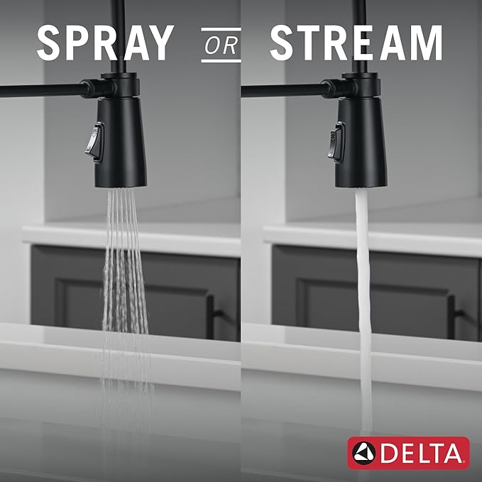 Delta Essa Pro Style Commercial Kitchen Faucet with Pull Down Sprayer, Matte Black Single Hole Kitchen Sink Faucet, Single Handle, Matte Black 9613-BL-DST