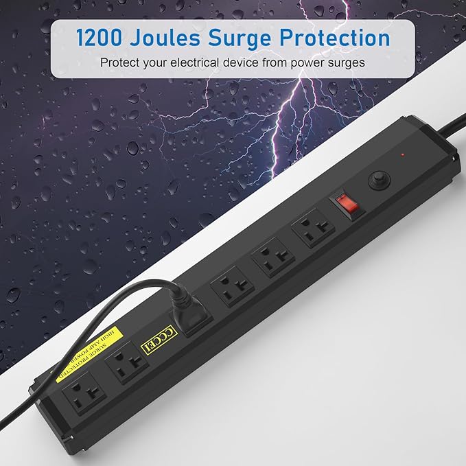 CCCEI Heavy Duty Power Strip Surge Protector 20 Amp, High Amp Industrial Shop Garage Metal Multiple Outlets, 15 FT 12 Gauge 5-15P Extension Cord 6 Outlet 6-20R T-Slot 20a for Appliance. Black.