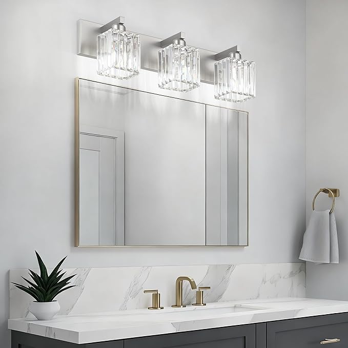 Aipsun Brushed Nickel Vanity Light Bathroom Lighting Fixtures 3 Light Crystal Modern Bathroom Vanity Light (Exclude Bulb)