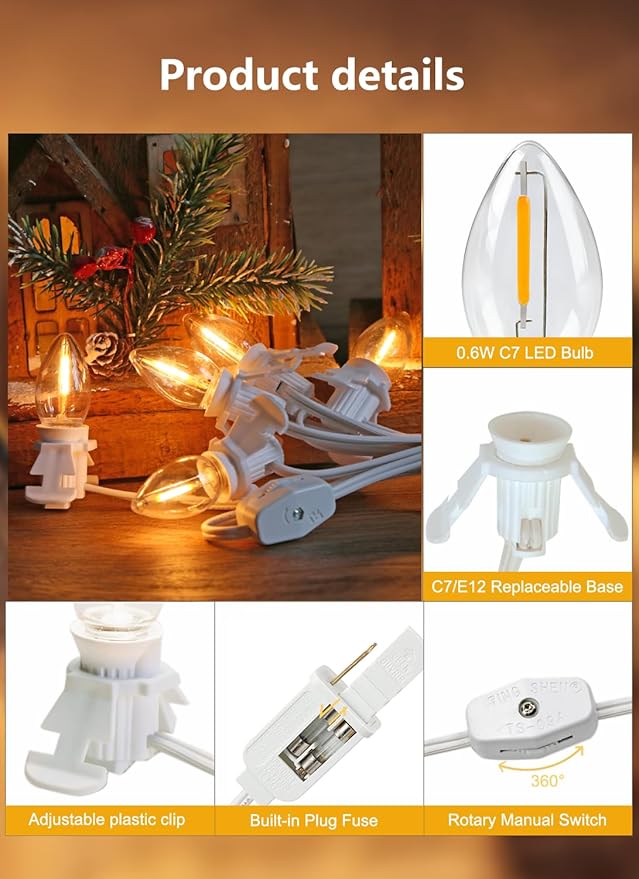 KGC LED Accessory Cord with 5 Pieces C7 Light Bulbs, 9FT White Cord with On/Off Switch Plugs - C7 led Bulb Warm White with Spare Fuse for Holiday Decoration and Craft Village House Decoration 1 Pack