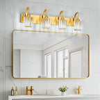 Modern Bathroom Vanity Light, 4-Light Gold Wall Sconce with Crystal Accents, Over Mirror Bathroom Lighting Fixture, 32.67" Long Dimmable Vanity Lamp for Makeup, Easy Installation