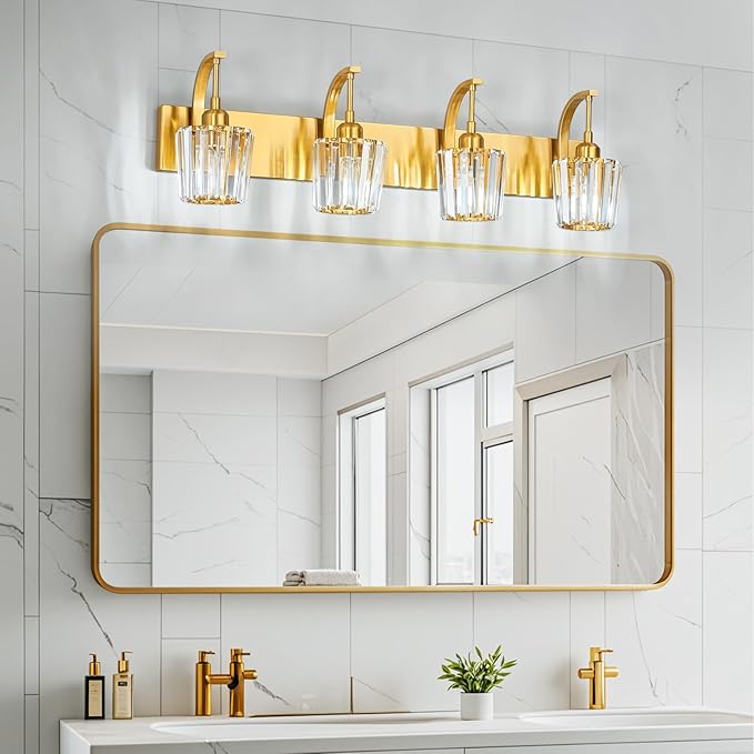 Modern Bathroom Vanity Light, 4-Light Gold Wall Sconce with Crystal Accents, Over Mirror Bathroom Lighting Fixture, 32.67" Long Dimmable Vanity Lamp for Makeup, Easy Installation