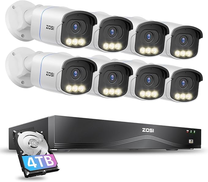 ZOSI 16CH 4K PoE Security Camera System,8pcs 4K C186 Aurora Lux Outdoor PoE Cameras with True Full Color Night Vision,Person Vehicle Detection,2 Way Audio,8MP 16CH NVR with 4TB HDD for 24/7 Recording